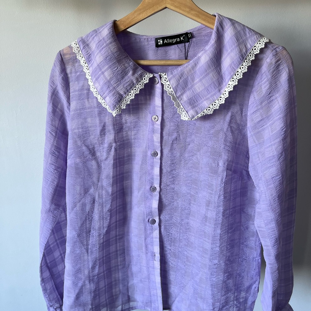 Allegra K Lavender Button-Up Blouse with Lace Collar - Picture 4 of 4